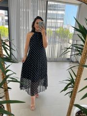 My 3486 Black Polka Dot Halter Neck Chiffon Dress