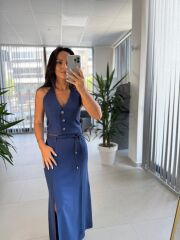 Fw 7246 İndigo Keten Yelekli Etek Takım