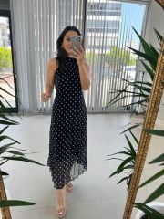 My 3486 Black Polka Dot Halter Neck Chiffon Dress