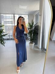 Fw 7246 İndigo Keten Yelekli Etek Takım