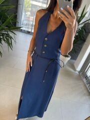 Fw 7246 İndigo Keten Yelekli Etek Takım