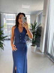 Fw 7246 İndigo Keten Yelekli Etek Takım