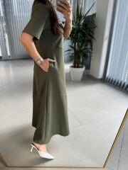 Dr 8407 Tasarım Çapraz Dikiş Detaylı Haki Elbise