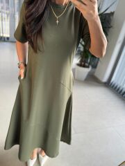 Dr 8407 Tasarım Çapraz Dikiş Detaylı Haki Elbise