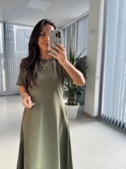 Dr 8407 Tasarım Çapraz Dikiş Detaylı Haki Elbise