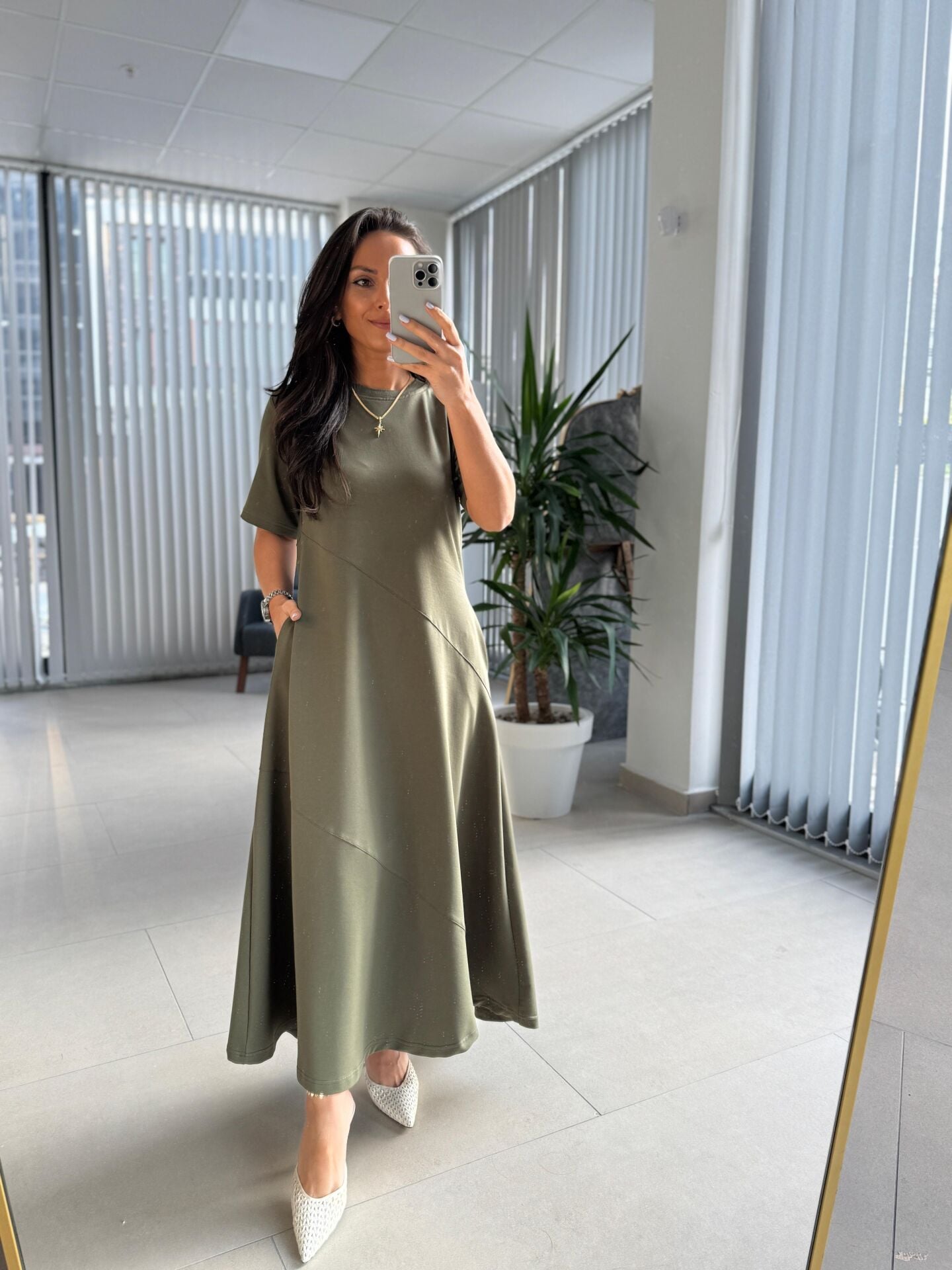 Dr 8407 Tasarım Çapraz Dikiş Detaylı Haki Elbise