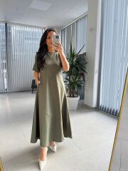 Dr 8407 Tasarım Çapraz Dikiş Detaylı Haki Elbise