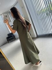 Dr 8407 Tasarım Çapraz Dikiş Detaylı Haki Elbise