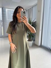 Dr 8407 Tasarım Çapraz Dikiş Detaylı Haki Elbise