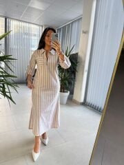 Sg Vizon Çizgili Keten Elbise