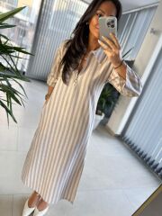 Sg Vizon Çizgili Keten Elbise