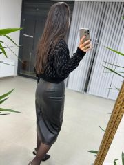 Ms Asimetrik Siyah Deri Etek