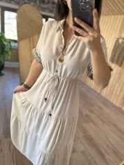 My 3080 Gömlek yaka pamuk keten taş elbise