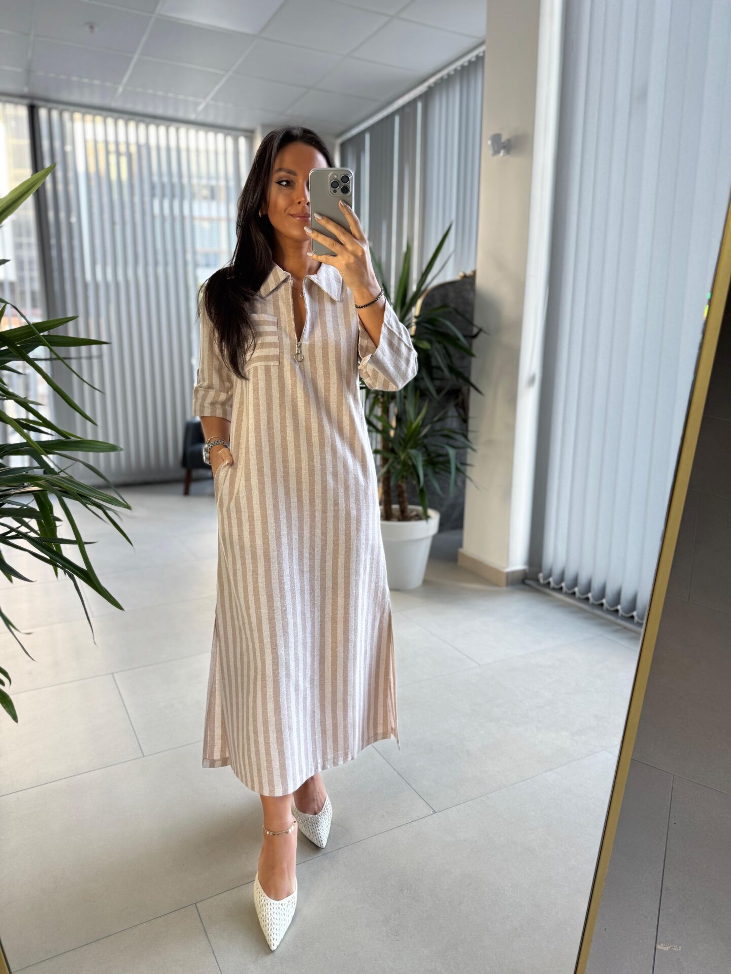 Sg Vizon Çizgili Keten Elbise