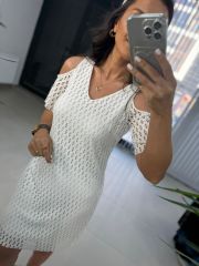 Mc 5885 V Yaka Kol Detaylı Beyaz Elbise