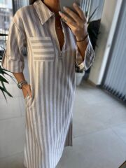 Sg Vizon Çizgili Keten Elbise