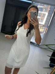 Mc 5885 V Yaka Kol Detaylı Beyaz Elbise