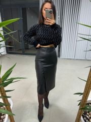Ms Asimetrik Siyah Deri Etek