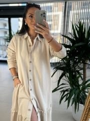 Dr 8075 Düğmeli Bej Sweat Elbise