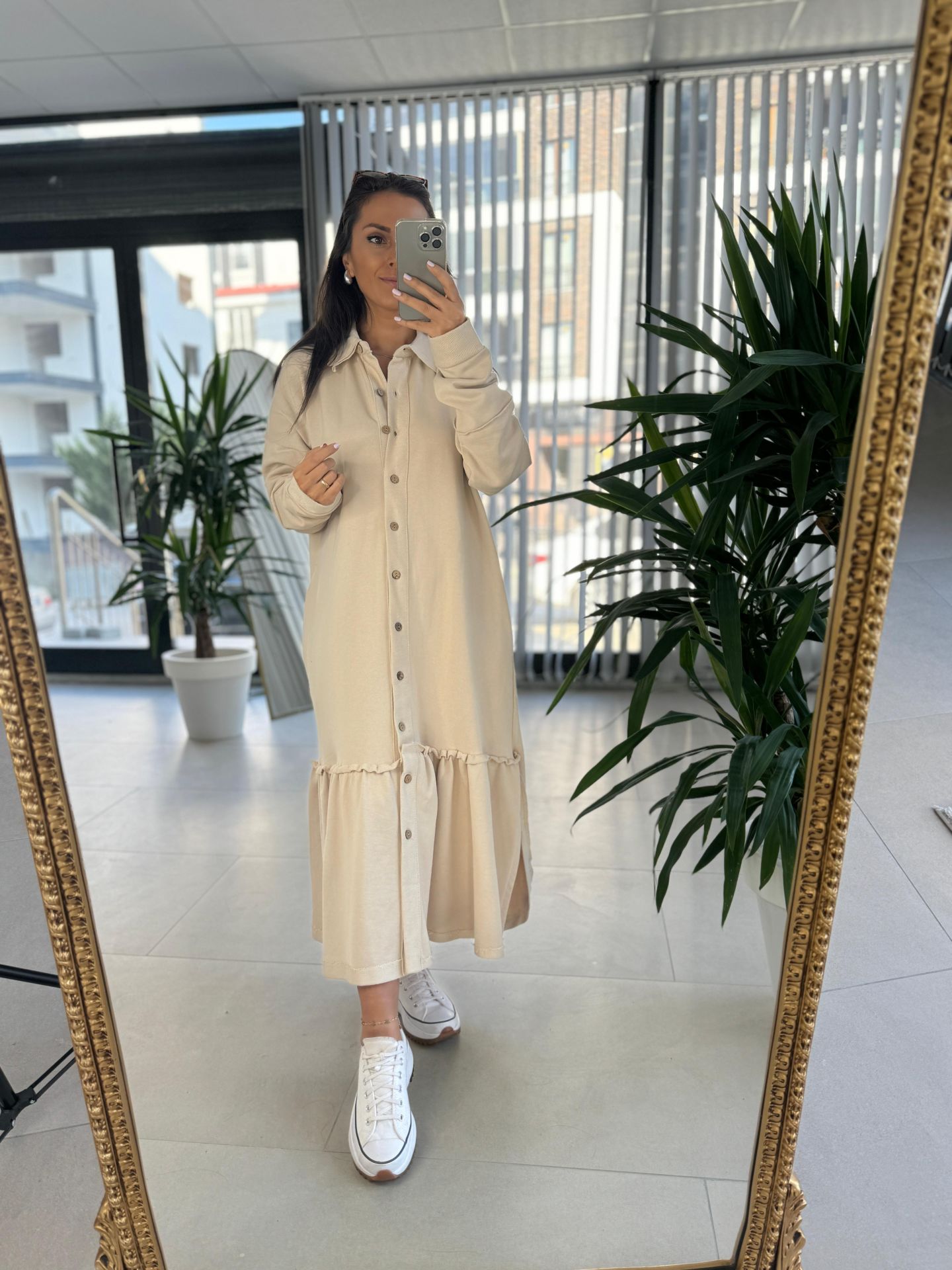 Dr 8075 Düğmeli Bej Sweat Elbise