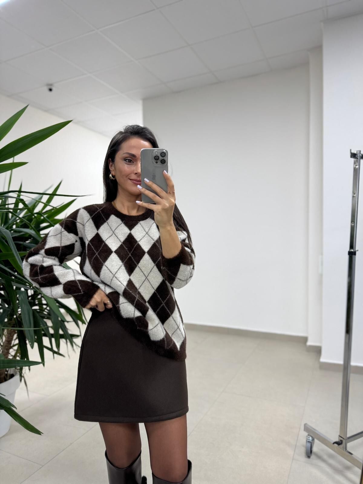 Ml 77643 Premium Yumoş Kahve-Krem Baklava Desen Kazak