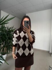 Ml 77643 Premium Yumoş Kahve-Krem Baklava Desen Kazak