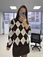 Ml 77643 Premium Yumoş Kahve-Krem Baklava Desen Kazak