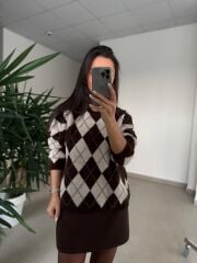 Ml 77643 Premium Yumoş Kahve-Krem Baklava Desen Kazak