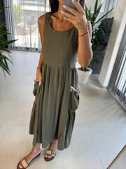 Bb 30157 Haki  Deniz Kabuğu İşlemeli Elbise