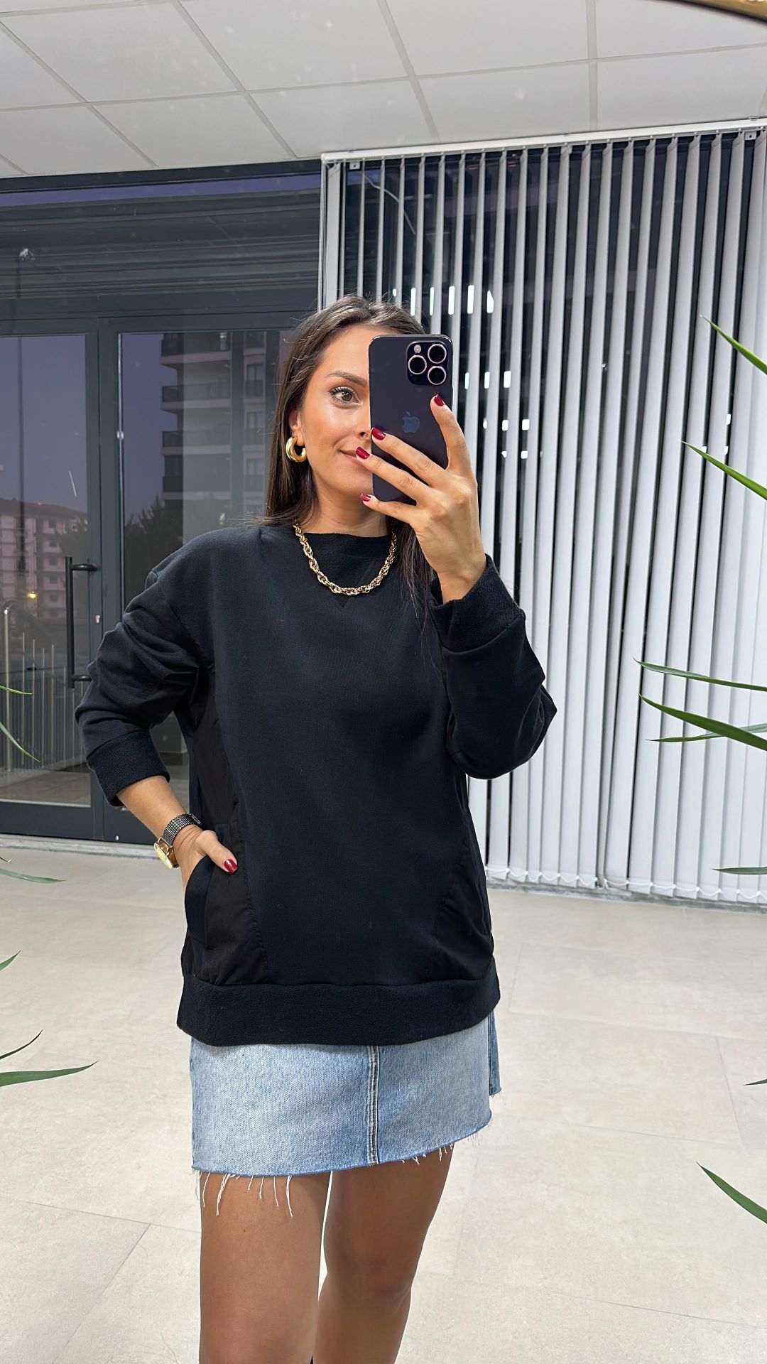 Ribana Petek Dokulu Siyah Sweat