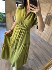 My 3080 Gömlek yaka pamuk keten yağ yeşili elbise