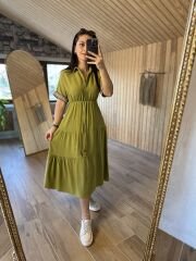 My 3080 Gömlek yaka pamuk keten yağ yeşili elbise