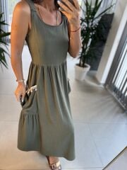 Bb 30157 Haki  Deniz Kabuğu İşlemeli Elbise