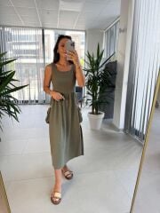 Bb 30157 Haki  Deniz Kabuğu İşlemeli Elbise