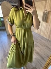 My 3080 Gömlek yaka pamuk keten yağ yeşili elbise