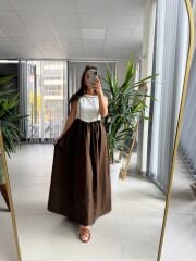 Ms 203 Kahve Maksiboy Pamuk Keten Elbise