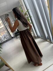 Ms 203 Kahve Maksiboy Pamuk Keten Elbise