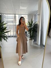 Bb 30157 Kahve Cep Midye Detaylı Midi Elbise
