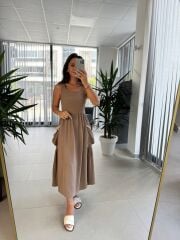 Bb 30157 Kahve Cep Midye Detaylı Midi Elbise