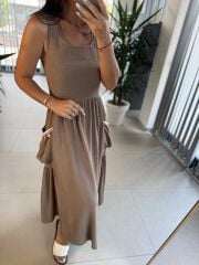 Bb 30157 Kahve Cep Midye Detaylı Midi Elbise