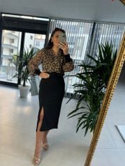 My 3289 Şifon Kemerli Kahve Leo Kalem Elbise