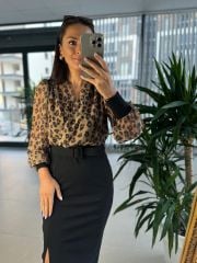 My 3289 Şifon Kemerli Kahve Leo Kalem Elbise