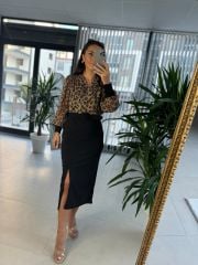 My 3289 Şifon Kemerli Kahve Leo Kalem Elbise