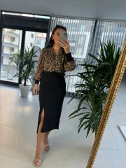 My 3289 Şifon Kemerli Kahve Leo Kalem Elbise