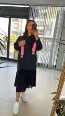 Dr 2487 Etek Poplinli İndigo Kapüşonlu Elbise