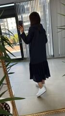 Dr 2487 Etek Poplinli İndigo Kapüşonlu Elbise