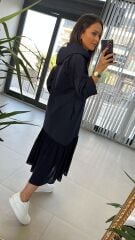 Dr 2487 Etek Poplinli İndigo Kapüşonlu Elbise