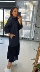 Dr 2487 Etek Poplinli İndigo Kapüşonlu Elbise