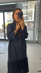 Dr 2487 Etek Poplinli İndigo Kapüşonlu Elbise
