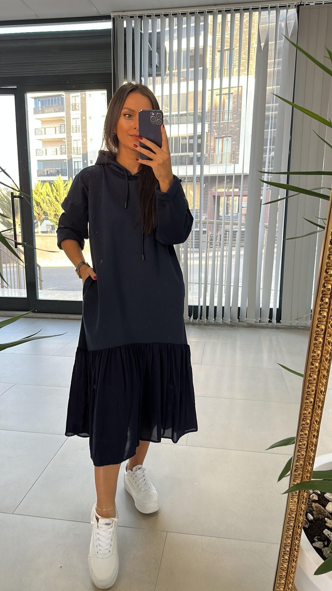 Dr 2487 Etek Poplinli İndigo Kapüşonlu Elbise